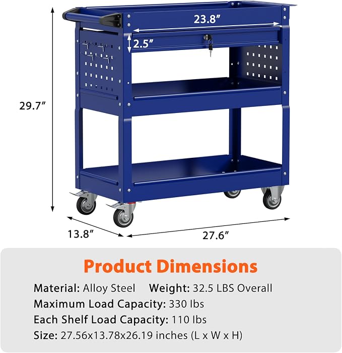 3 Tier Rolling Tool Cart with Drawers, Heavy Duty Utility Cart on Wheels - Image 7
