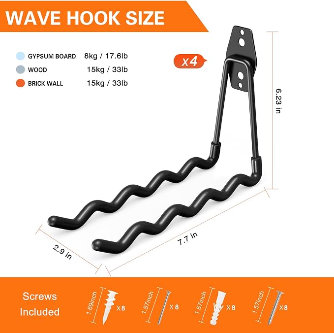 Heavy Duty Garage Hooks 4 Pack, 7.7 inch Wave Long Hanger, Wall Mounted Storage - Image 3