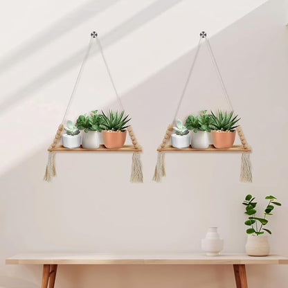 2 Pcs Wooden Wall Hanging Shelves, Macrame Hanging Plant Shelf - Image 6