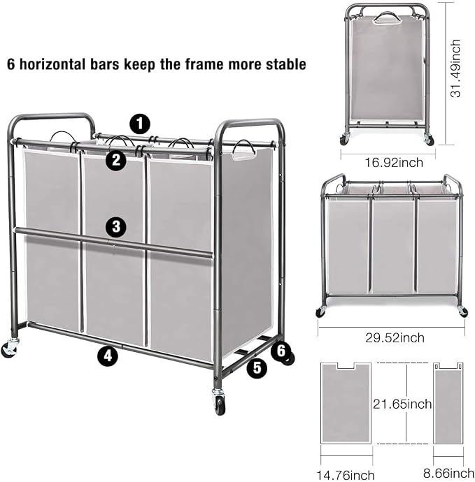 STORAGE MANIAC 3 Section Laundry Sorter Rolling Laundry Hamper Laundry Basket - Image 3