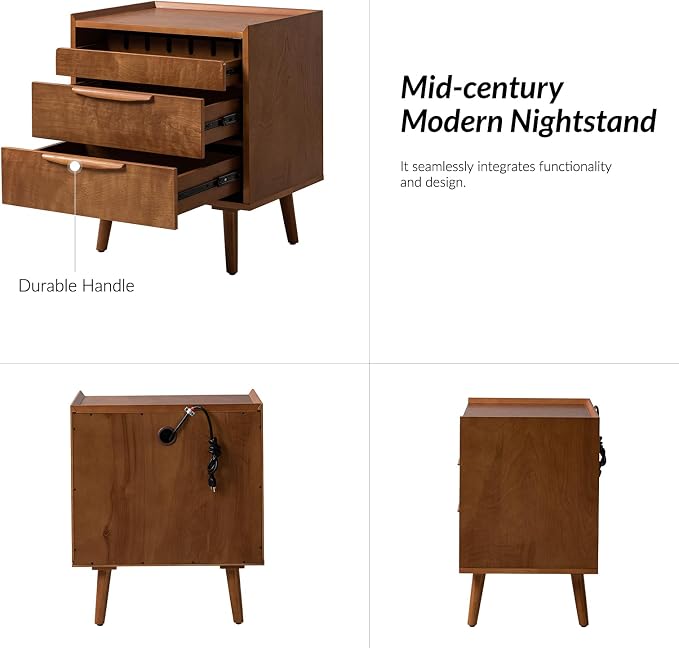 HULALA HOME Nightstand with Charging Station, Mid-Century Modern 2 Drawer and - Image 8