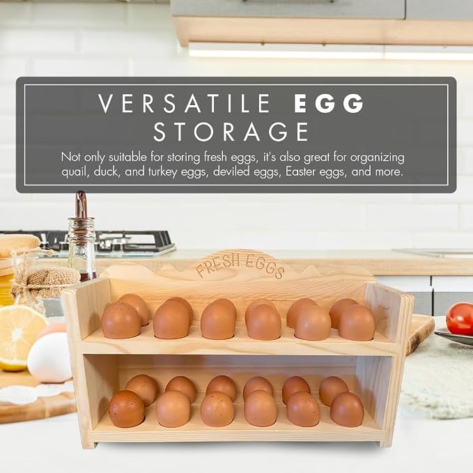 Natural Wood Premium Pine Wooden Egg Holder 2-Tier Durable 24-Egg Storage - Image 4