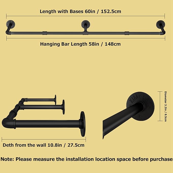 Wall Mounted Clothes Rack 60in, Industrial Pipe Clothing Racks Wall Mount - Image 5