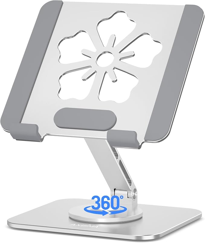 Tablet Stand for iPad, 360° Rotating Aluminum Foldable Holder – Adjustable Desk by Axbima