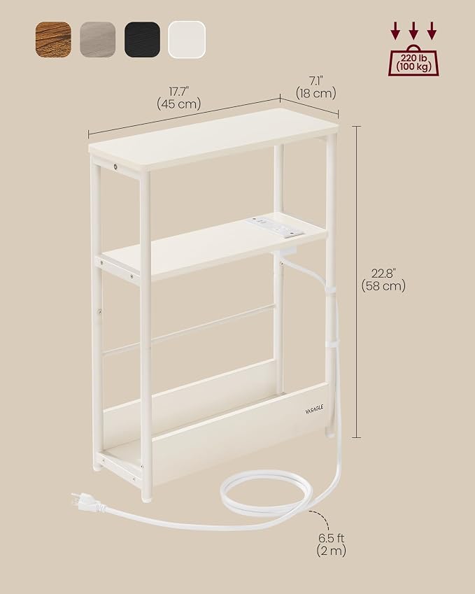 VASAGLE Side Table with Charging Station, Narrow End Table, 3-Tier Nightstand - Image 3