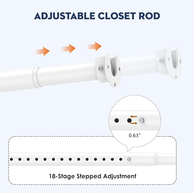 Heavy Duty Closet Rod, Adjustable 17-74 in, 1.3" Diameter | White, Suitable - Image 2