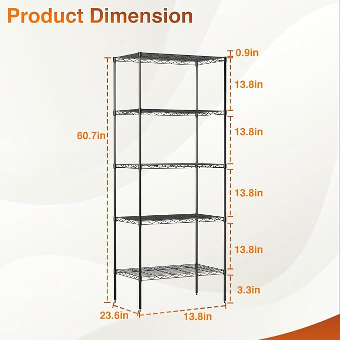 BestOffice | 5-Tier Wire Shelf | 14" x 24" x 60" | Black | Storage Shelves - Image 3