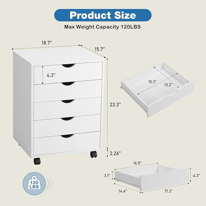 OLIXIS 5 Drawer File Cabinet on Wheels, Printer Stand | Fits Under Desks - Image 3
