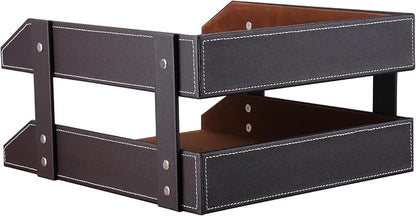 KINGFOM Letter Tray, Leather Paper Organizer Tray, Wooden Desk File Holder - Image 5