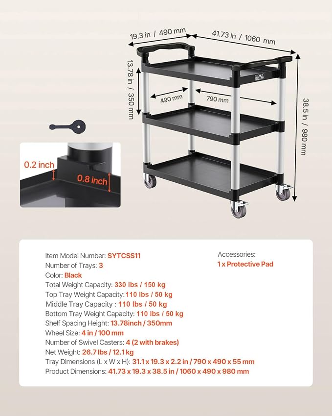 VEVOR Utility Cart, 330 lbs Load Capacity, 3-Tier Utility Plastic Cart - Image 7