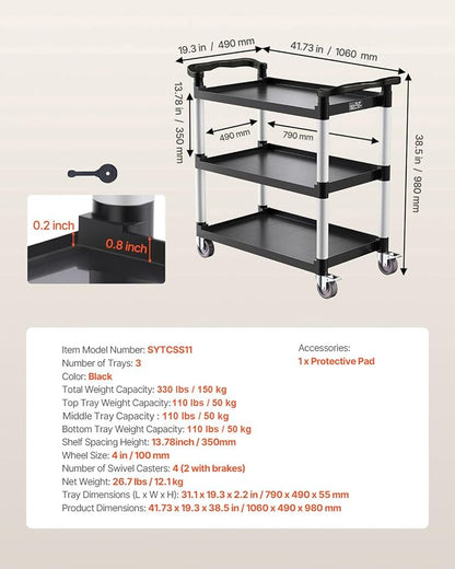 VEVOR Utility Cart, 330 lbs Load Capacity, 3-Tier Utility Plastic Cart - Image 7