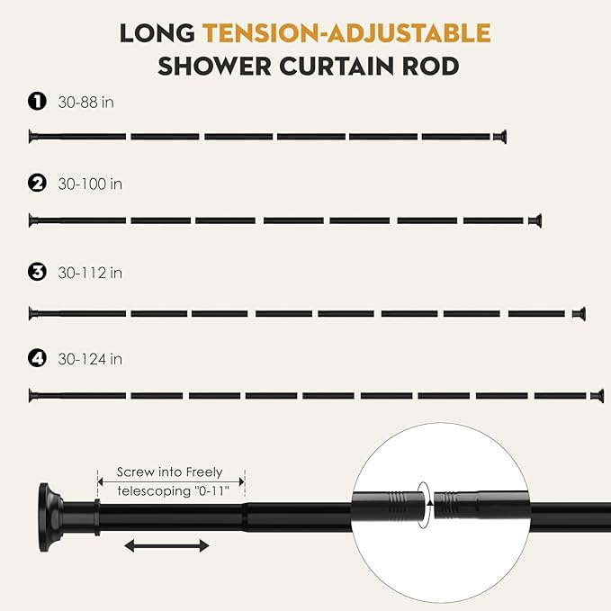 Heavy Duty Black Shower Curtain Rods 30-88 In 1.1" Dia AdjustableTesnion | - Image 4