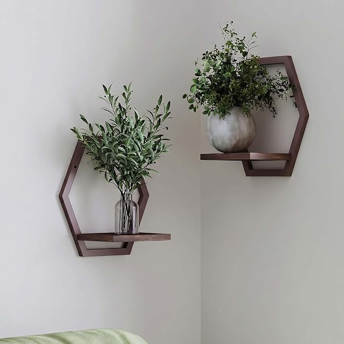 2 Pack Walnut Color Solid Wood & Metal Framework Wall Plant Stands, 9 inch by HomecourtyardsInterio