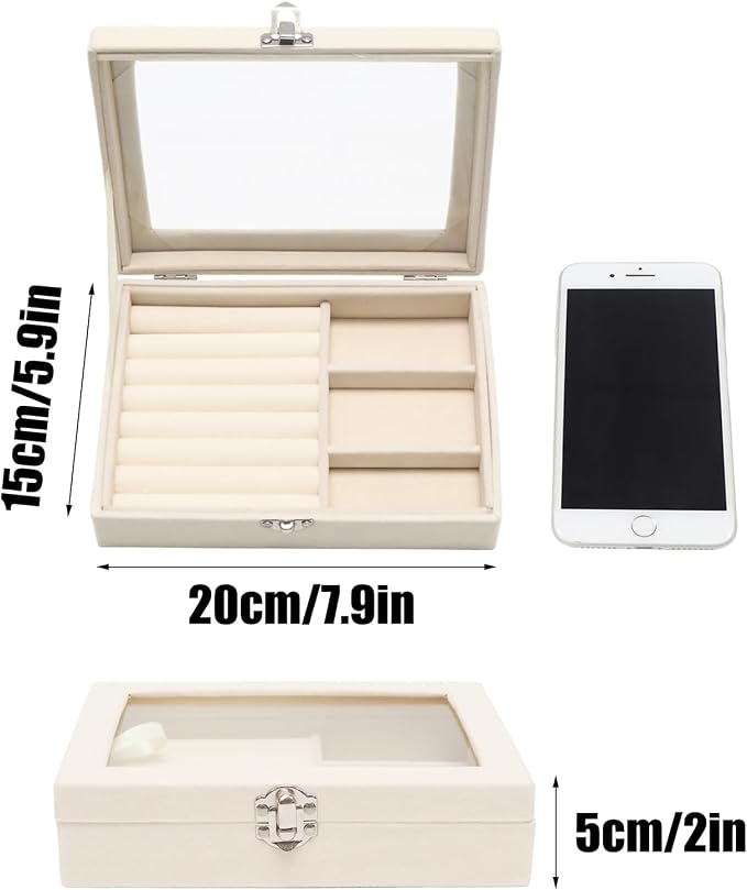 Small Velvet Jewelry Tray with Clear Lid, 2-in-1 Beige | Lockable Ring Earring - Image 2