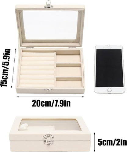 Small Velvet Jewelry Tray with Clear Lid, 2-in-1 Beige | Lockable Ring Earring - Image 2