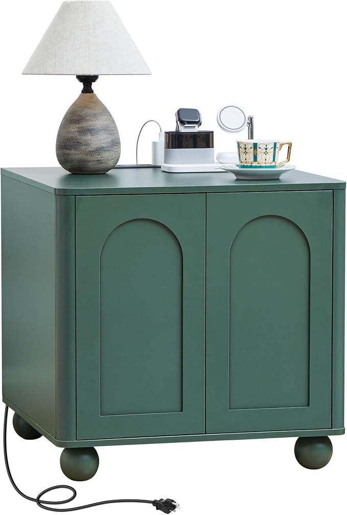 Bed Side Table with Charging Station, Mid Century Modern Nightstand with 2 Doors by affeivul