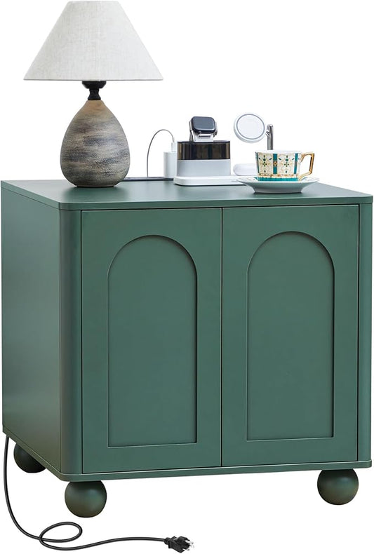 Bed Side Table with Charging Station, Mid Century Modern Nightstand with 2 Doors by affeivul