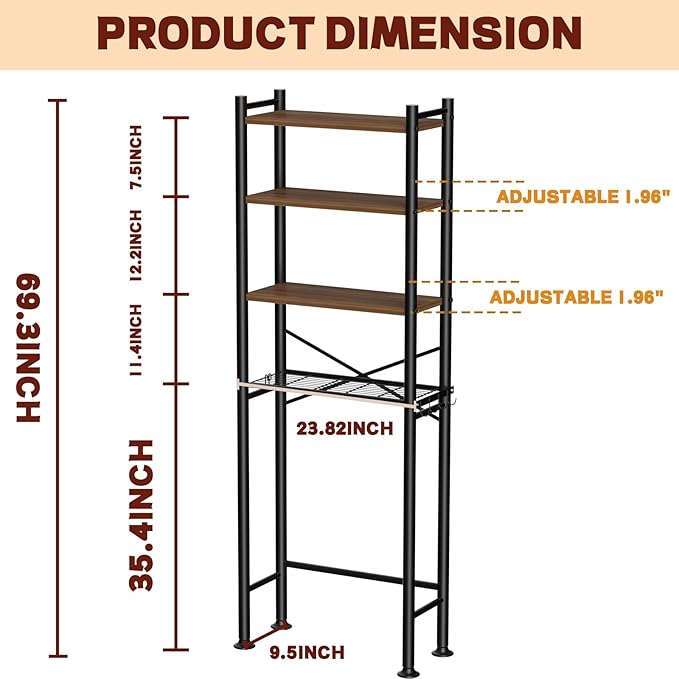 GloTika 4-Tier Over Toilet Storage, 69.3" H, 150lb Capacity, Carbon Steel - Image 2