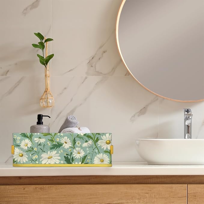 Daisy Green White Flowers Bathroom Storage Basket, Foldable - Image 6