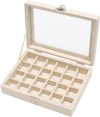 Small Velvet Jewelry Tray with Clear Lid, 24 Grids Beige | Lockable Ring by Unknown