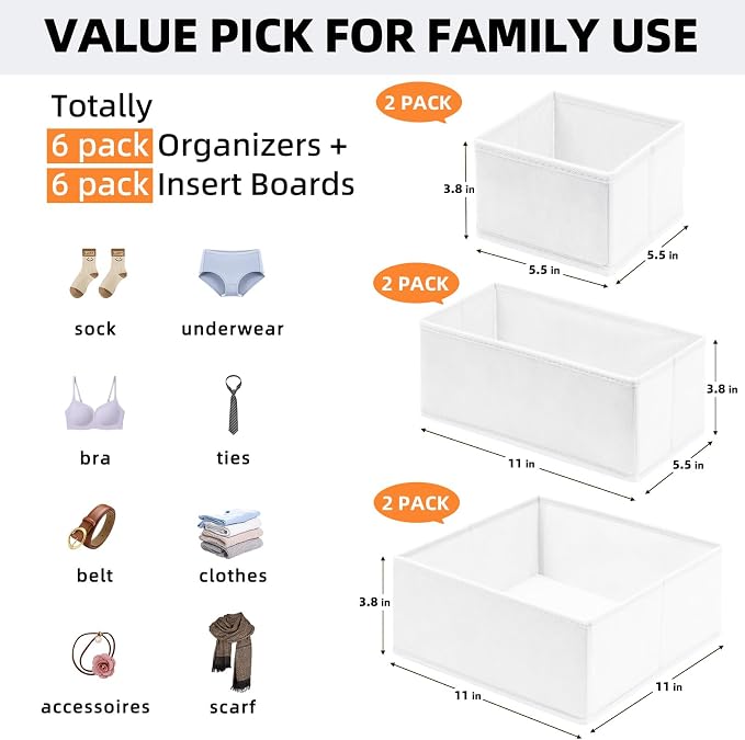 Criusia Drawer Organizer Clothes 6 Pack White- Dresser Organizer Bins - Image 2