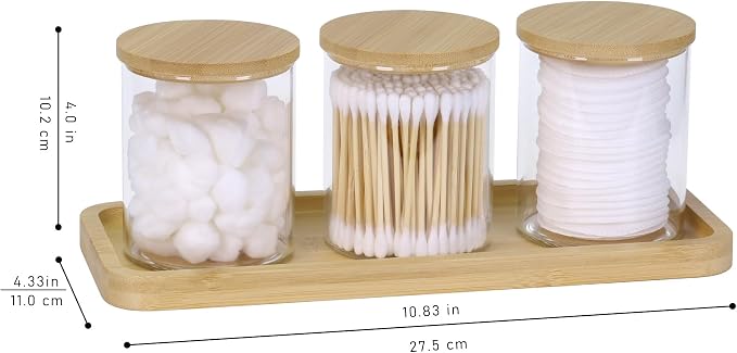 Qtip Holder with Vanity Tray, 3 Pack Glass Apothecary Jars with Lids, Bathroom - Image 5