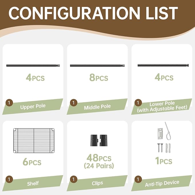 6 Tier Shelf Adjustable Storage Mesh Gaps Metal Utility Shelves Wire Shelving - Image 7