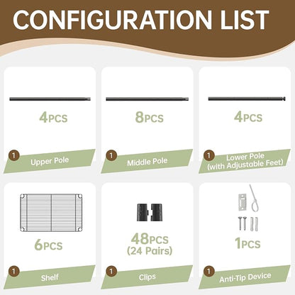 6 Tier Shelf Adjustable Storage Mesh Gaps Metal Utility Shelves Wire Shelving - Image 7