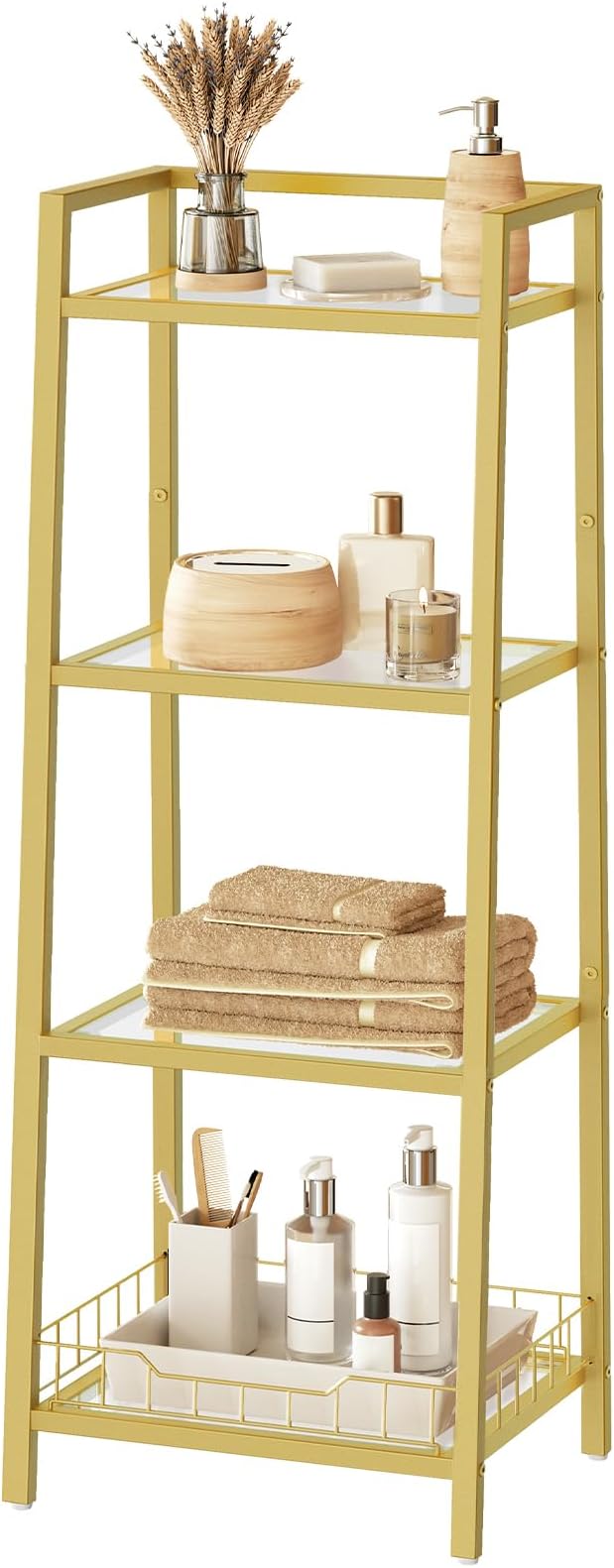 HOOBRO Gold Glass Shelf Stand, 4 Tier Standing Shelf Unit, Bathroom Organizer - Image 9