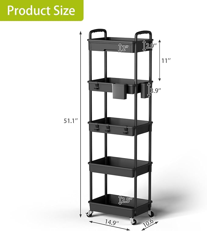 Sorgion 5 Tier Rolling Cart Organizer, Bathroom Cart Organizers - Image 3