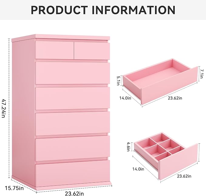 Pink Tall 7 Drawer Dresser for Bedroom, Modern Wood Closet Dressers & Chests of - Image 2