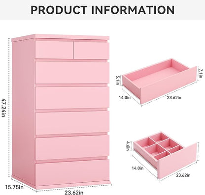 Pink Tall 7 Drawer Dresser for Bedroom, Modern Wood Closet Dressers & Chests of - Image 2
