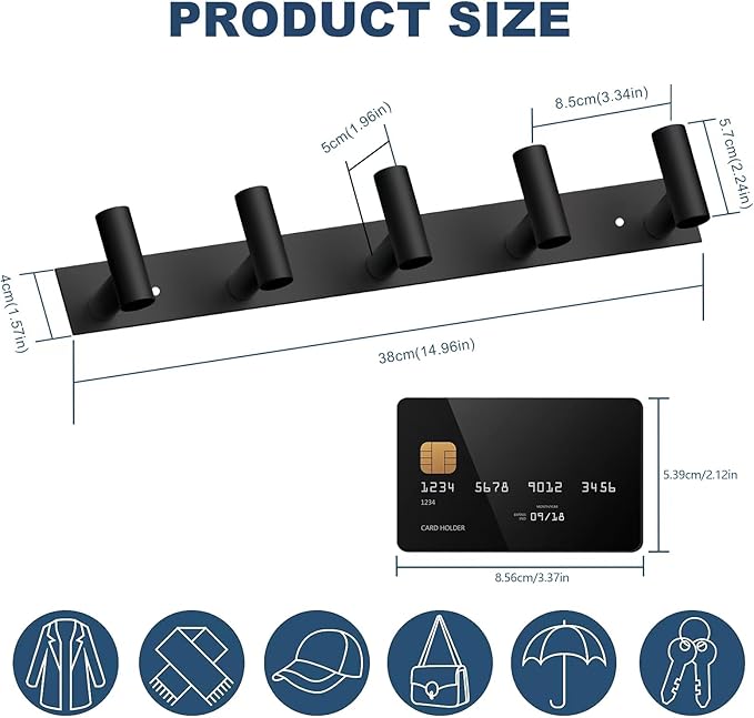 VAEHOLD Black Hat and Coat Wall Mount Rack 5 Hooks - Image 6