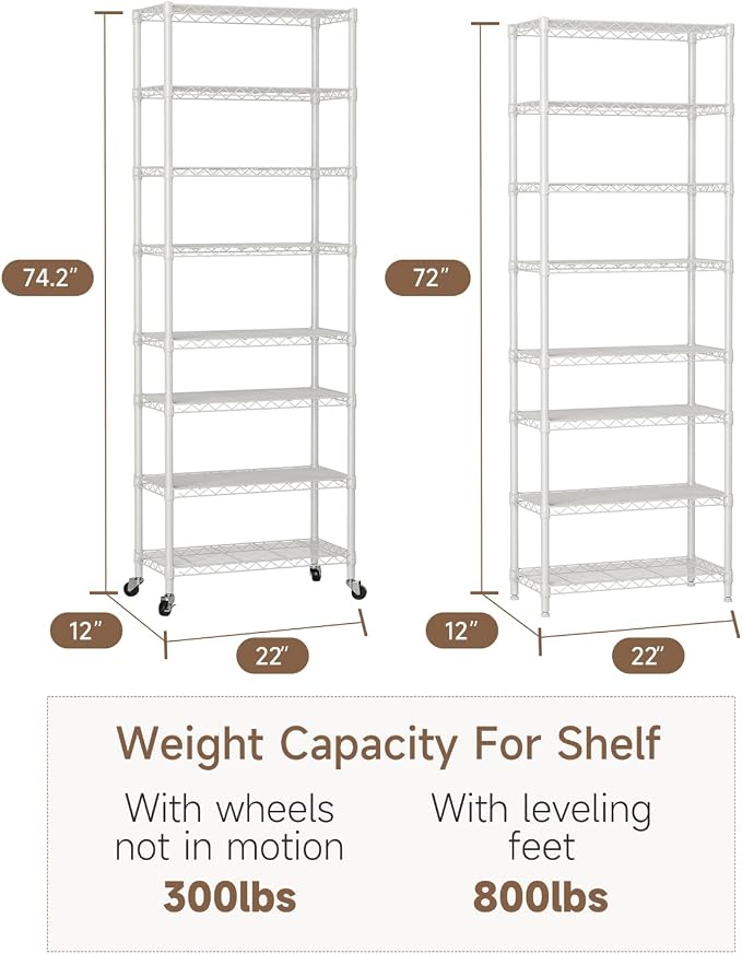 8 Tier Adjustable Storage Shelves Heavy Duty Metal Shelf Wire Shelving Unit - Image 3