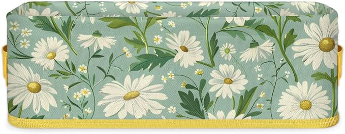 Daisy Green White Flowers Bathroom Storage Basket, Foldable by ModaQua