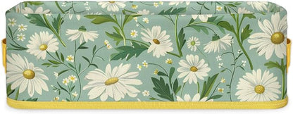 Daisy Green White Flowers Bathroom Storage Basket, Foldable by ModaQua