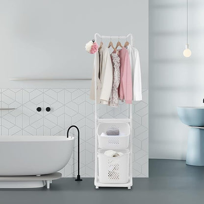 Laundry Sorter Cart with Hanging Rack, 2 Section Laundry Hamper Rack Shelf - Image 2