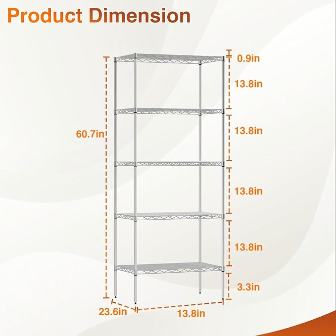 BestOffice | 5-Tier Wire Shelf | 14" x 24" x 60" | Chrome | Storage Shelves - Image 3