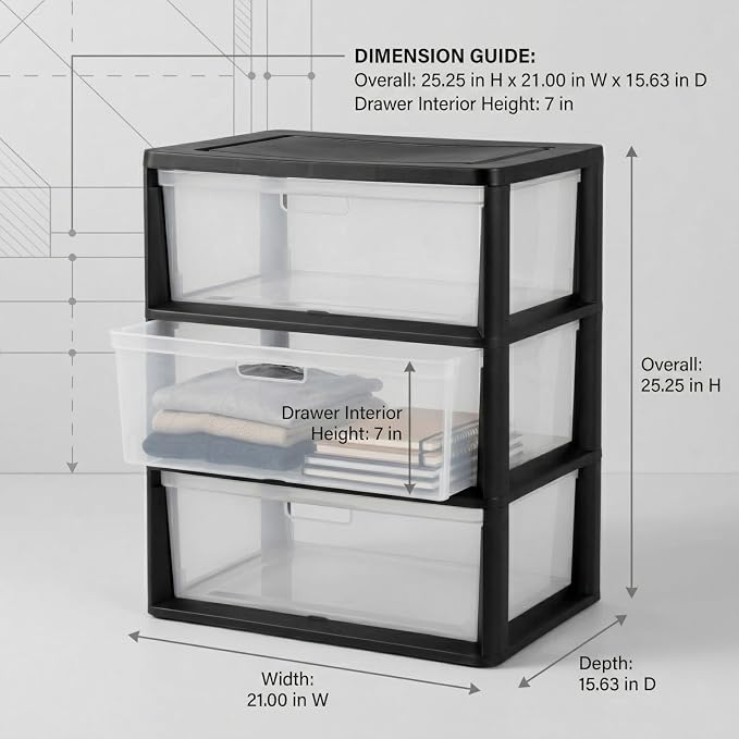 Wide 3-Drawer Plastic Storage Tower Organizer, 25.25" High, Drawer Stops & - Image 2