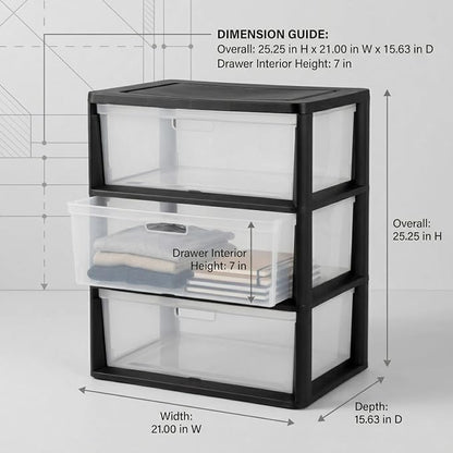 Wide 3-Drawer Plastic Storage Tower Organizer, 25.25" High, Drawer Stops & - Image 2