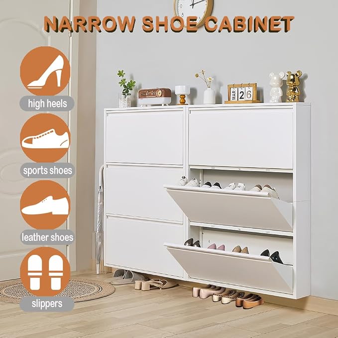 Shoe Storage Cabinet with 3 Flip Drawers, Hidden Slim Narrow Shoe Rack Cabinet - Image 6