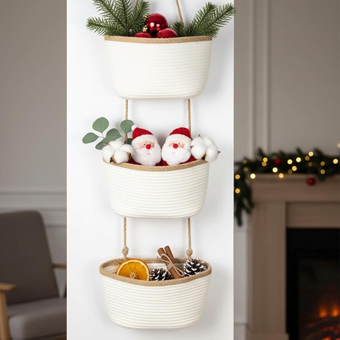 TeoKJ Over the Door Hanging Basket, 3-Tier Woven Cotton Wall-Mounted Storage - Image 8