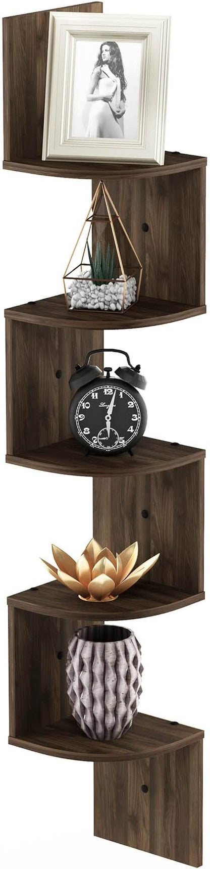 Furinno Rossi Wall Mount Floating Corner Shelf, 5-Tier Radial, Columbia Walnut by Furinno-FitsYourSpaceFitsYourBudget