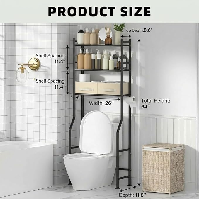 GloTika 3-Tier Over Toilet Storage, 2 Baskets | Anti-Tilt Safety System - Image 2