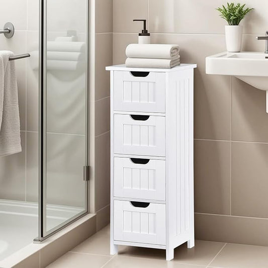 Bathroom Floor Storage Cabinet, Freestanding Wooden Side Organizer w/4 Drawers by Saicool