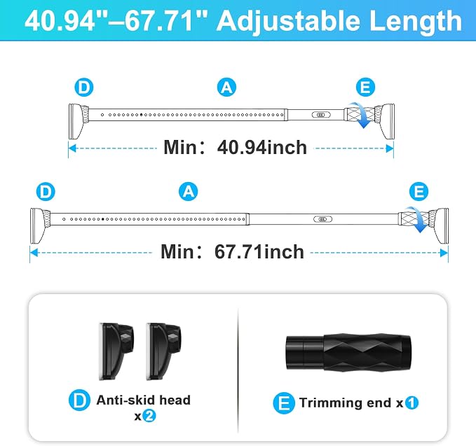 Black Closet Rods For Hanging Clothes, 41-67 In heavy duty tension rod | - Image 3