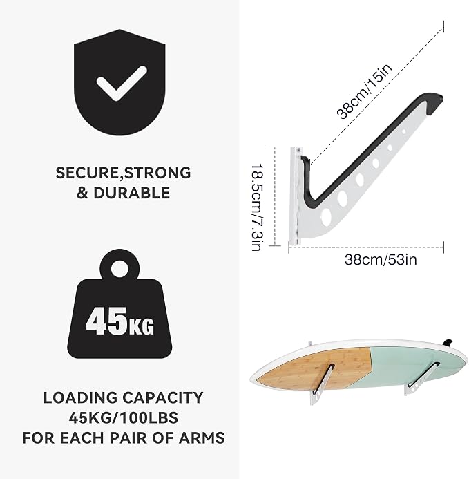 1 Board Surf Rack Wall Mount for Surfboard, Snowboard Storage Adjustable Wall - Image 2