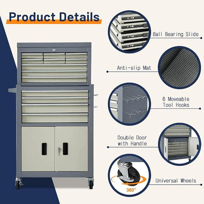 13-Drawer Double Door Rolling Tool Chest, 2 in 1 Detachable Tool Chest - Image 5