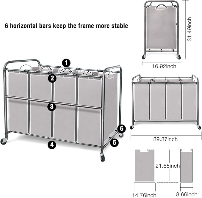 STORAGE MANIAC 4 Section Laundry Sorter and Replacement Bag 2 Pack, Rolling - Image 5