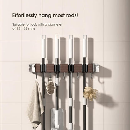 Suction Cup No Drilling Broom Holder Wall Mount, Walnut Color Mop Organizer - Image 3
